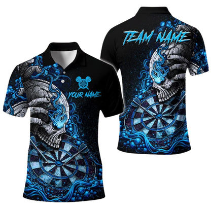 Custom Skull Flaming Black And Green Dart Men's Polo Shirt, Custom Skull Darts Team Shirts DE0088