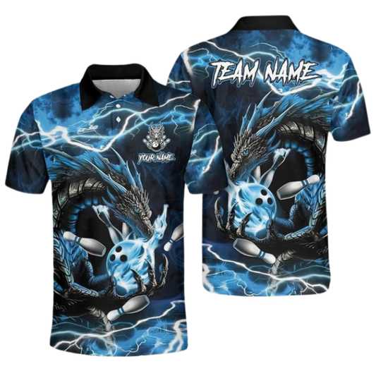 Custom Black And Blue Dragon Bowling Polo Shirt Men, Custom Dragon Team Bowling Shirt BZ0921