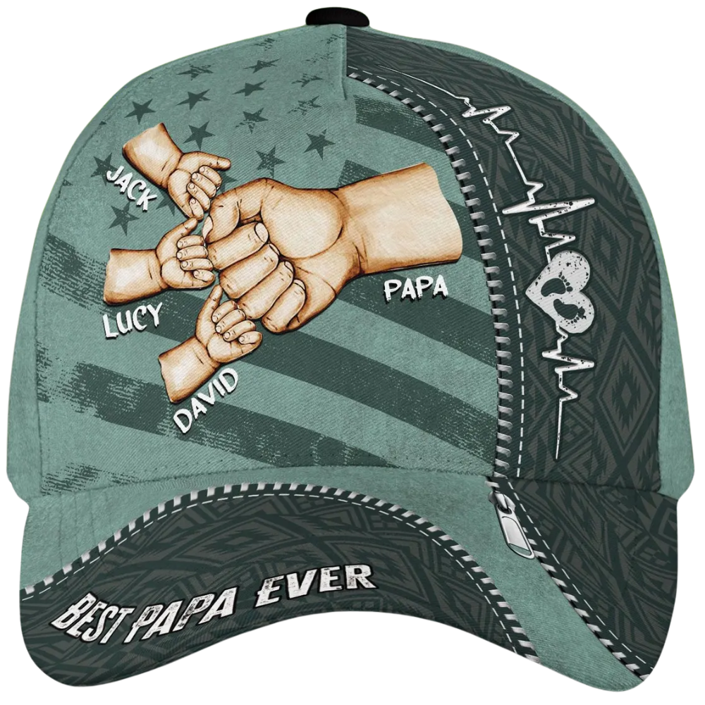 Best Papa Ever Custom Fist Bump Kid Names Baseball Cap, Custom 3D Printed Cap For Father CP0520