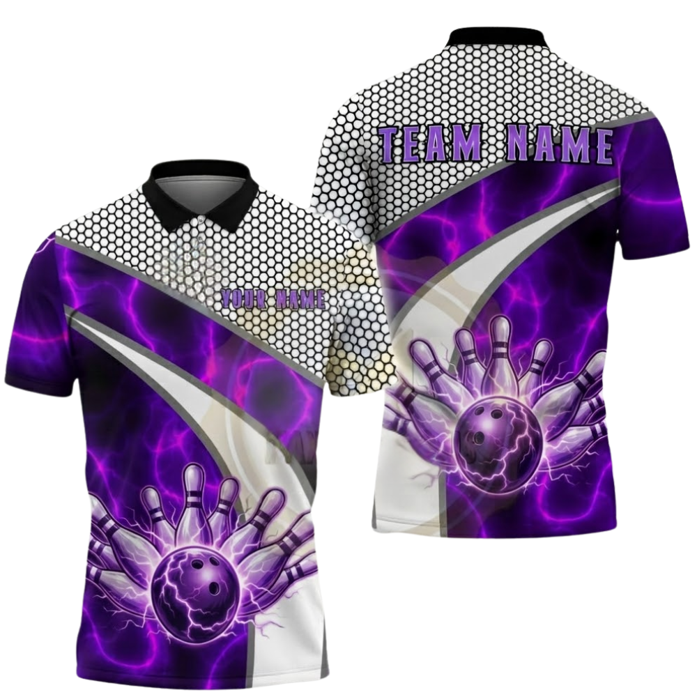 Custom Purple Thunder Lightning Bowling Polo Shirt For Men, Custom Bowling Team Shirts BZ0559