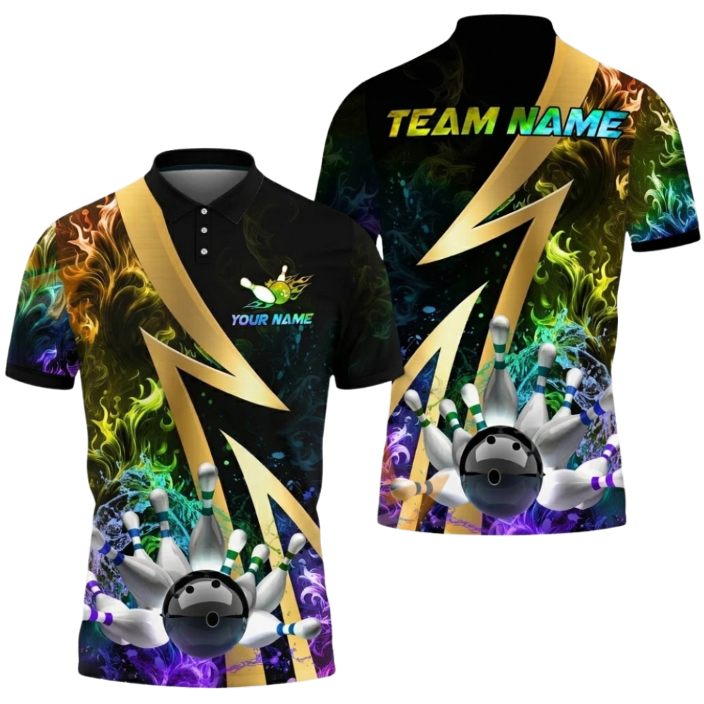 Blue Flame Custom Mens 3D Bowling Polo Shirt, Custom Flame Bowling Team Shirts BZ0557