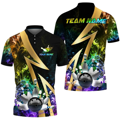 Blue Flame Custom Mens 3D Bowling Polo Shirt, Custom Flame Bowling Team Shirts BZ0557