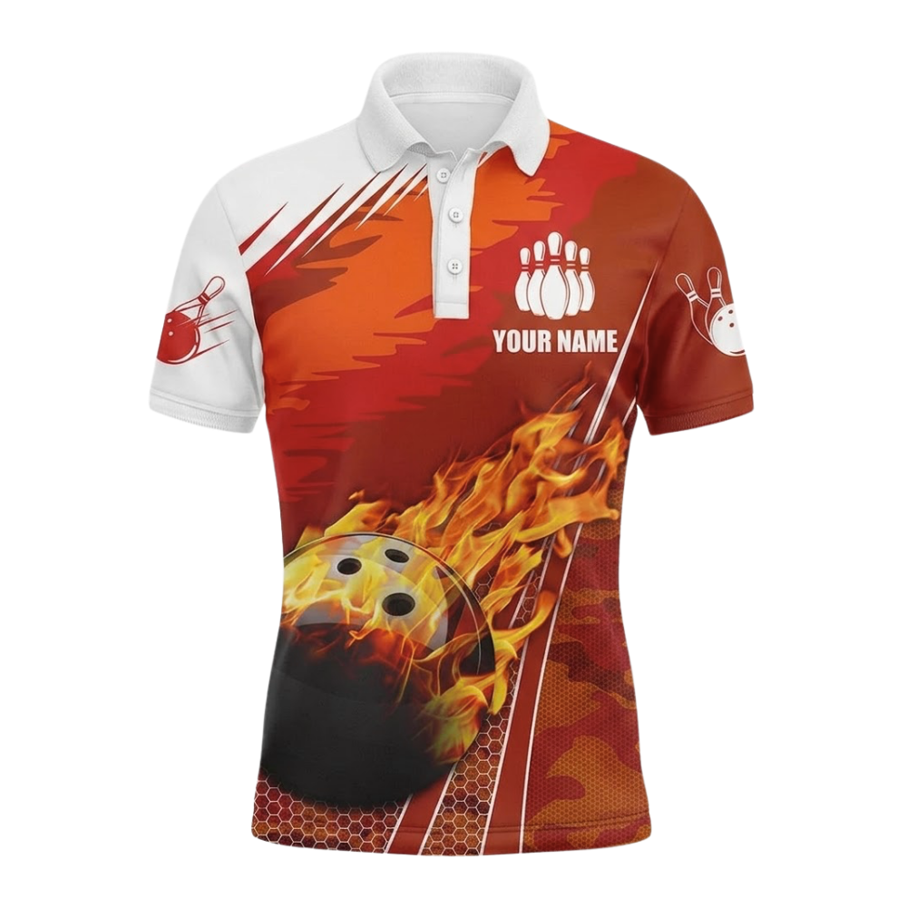 Flame Ball Custom Mens Orange White Bowling Polo Shirt For Men, Custom Flame Bowling Shirts For Team BZ0735