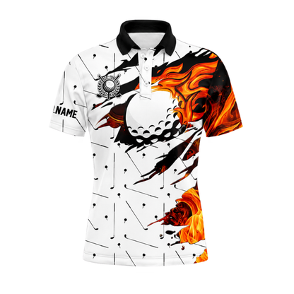 Personalized Flaming Ball Men's White Golf Polo Shirts, Custom Flame Golf Shirts GZ0468