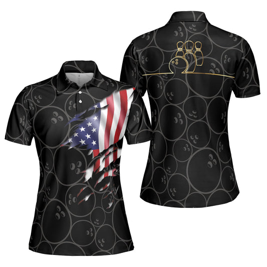 American Flag With Bowling Pattern Short Sleeve Women Polo Shirt Lasfour SO1058