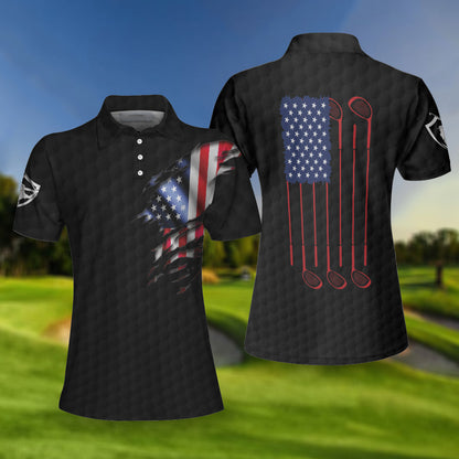 American Women Golfer Black Version Golf Short Sleeve Women Polo Shirt, American Flag Ladies Golf Shirt Lasfour SO1416
