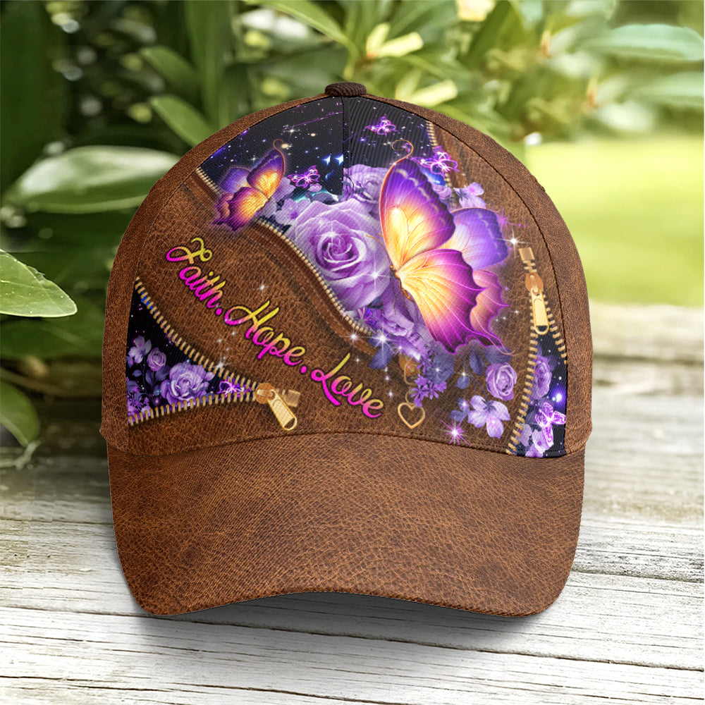 Faith Hope Love Magical Butterfly Purple Roses Leather Style Baseball Cap Lasfour CO0800