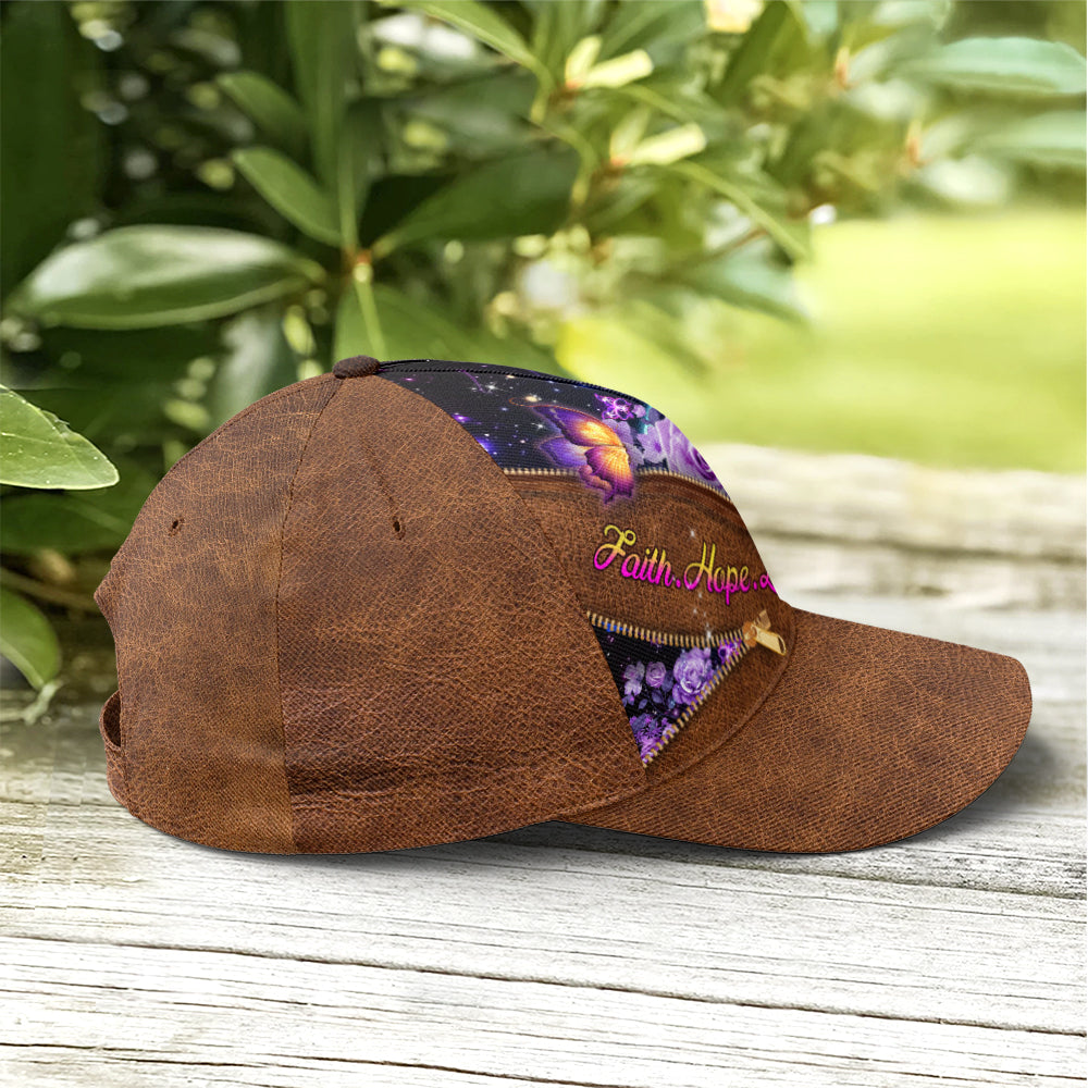 Faith Hope Love Magical Butterfly Purple Roses Leather Style Baseball Cap Lasfour CO0800