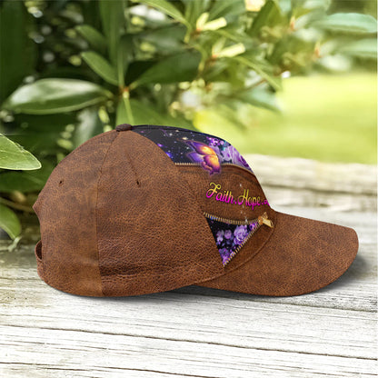 Faith Hope Love Magical Butterfly Purple Roses Leather Style Baseball Cap Lasfour CO0800