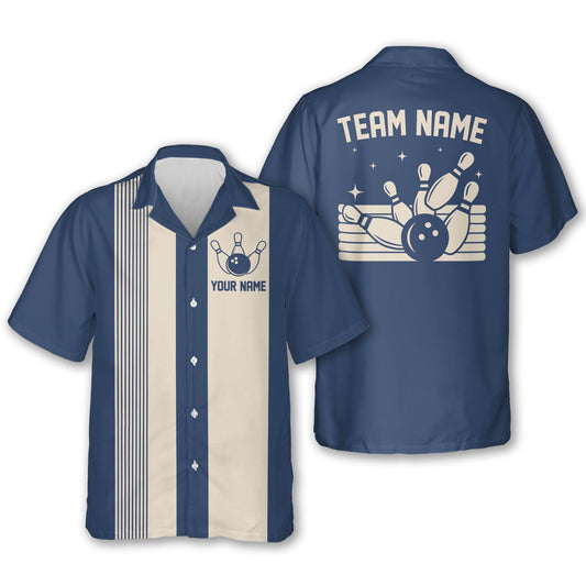 Custom Navy Blue Vintage Bowling Hawaiian Shirt For Men, Custom Vintage Bowling Team Shirts BE0012