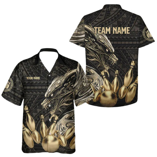 Custom Black And Gold Dragon Bowling Hawaiian Shirts For Men, Custom Dragon Tribal Bowling Team Shirts BE0074
