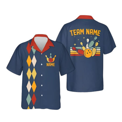 Custom Navy Blue Retro Bowling Hawaiian Shirts For Men Women, Custom Argyle Retro Bowling Team Shirts BE0075