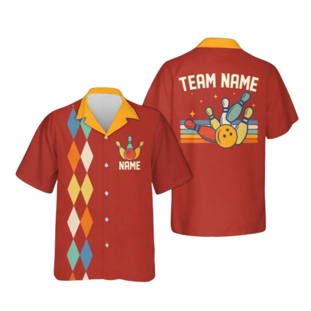 Custom Navy Blue Retro Bowling Hawaiian Shirts For Men Women, Custom Argyle Retro Bowling Team Shirts BE0075