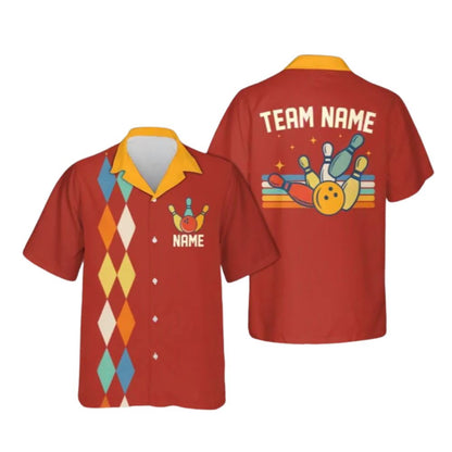 Custom Navy Blue Retro Bowling Hawaiian Shirts For Men Women, Custom Argyle Retro Bowling Team Shirts BE0075