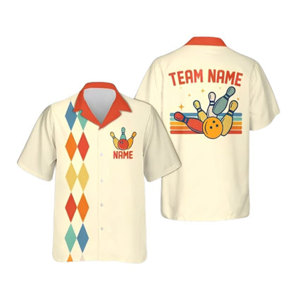 Custom Navy Blue Retro Bowling Hawaiian Shirts For Men Women, Custom Argyle Retro Bowling Team Shirts BE0075