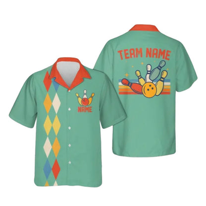 Custom Navy Blue Retro Bowling Hawaiian Shirts For Men Women, Custom Argyle Retro Bowling Team Shirts BE0075
