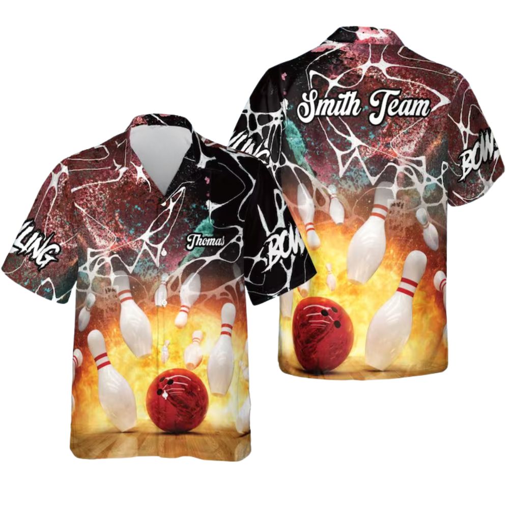 Custom Flame Bowling Hawaiian Shirt For Men, Custom Flame Bowling Team Shirts BE0077