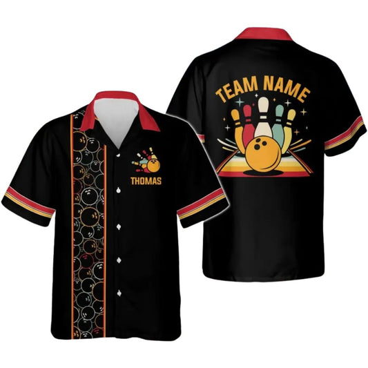 Custom Retro Black Bowling Hawaiian Shirt For Men, Custom Retro Bowling Team Shirts BE0078