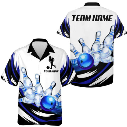 Custom Team Blue And White Bowling Hawaiian Shirts For Men, Custom Bowling Team Shirts BE0079