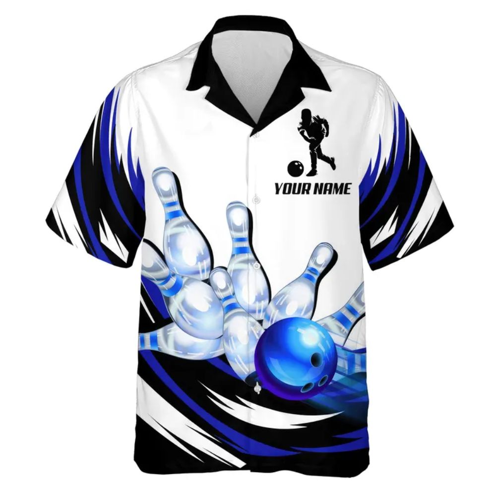 Custom Team Blue And White Bowling Hawaiian Shirts For Men, Custom Bowling Team Shirts BE0079