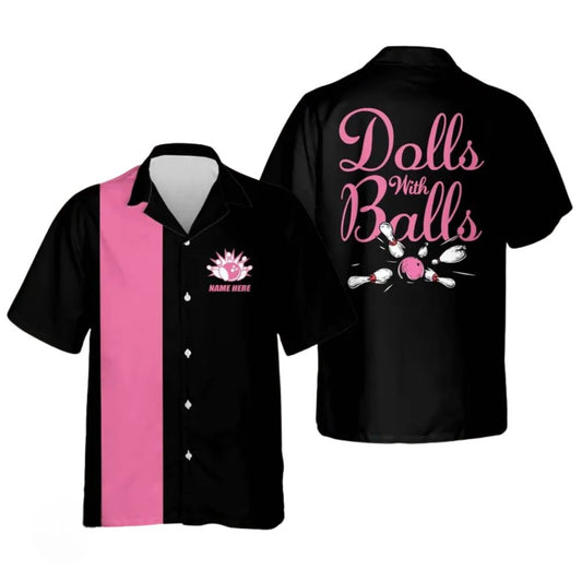 Doll With Balls Custom Black And Pink Hawaiian Bowling Shirts For Women, Custom Funny Bowling Shirts BE0081