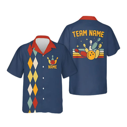 Custom Mens Retro Blue Bowling Hawaiian Shirts, Custom Retro Argyle Bowling Team Shirts BE0085