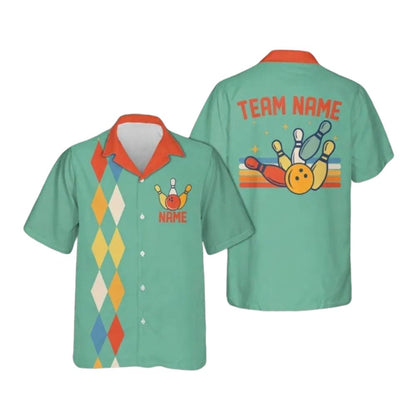 Custom Mens Retro Blue Bowling Hawaiian Shirts, Custom Retro Argyle Bowling Team Shirts BE0085