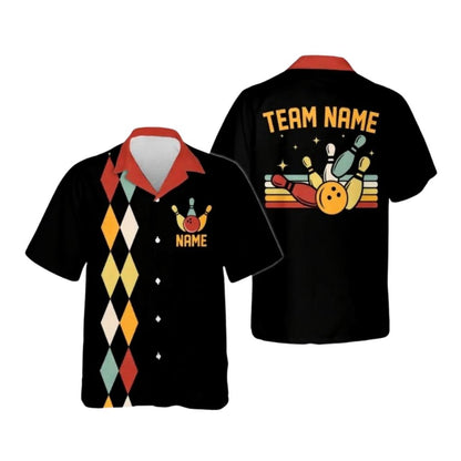 Custom Mens Retro Blue Bowling Hawaiian Shirts, Custom Retro Argyle Bowling Team Shirts BE0085