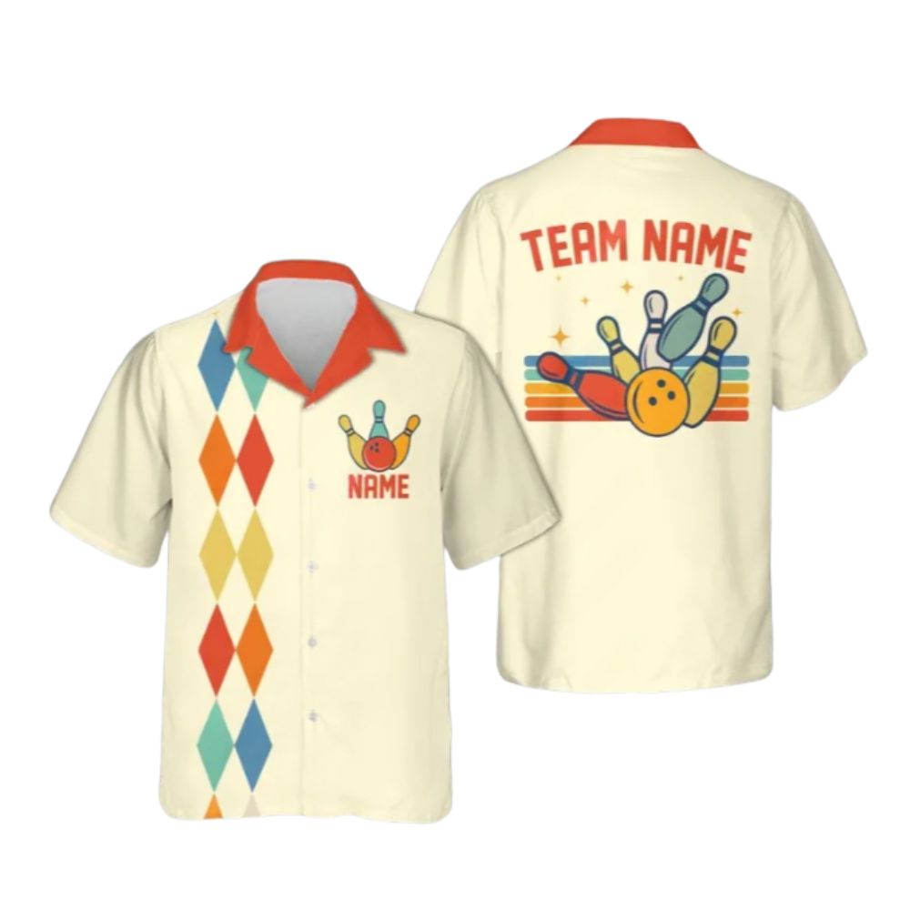 Custom Mens Retro Blue Bowling Hawaiian Shirts, Custom Retro Argyle Bowling Team Shirts BE0085