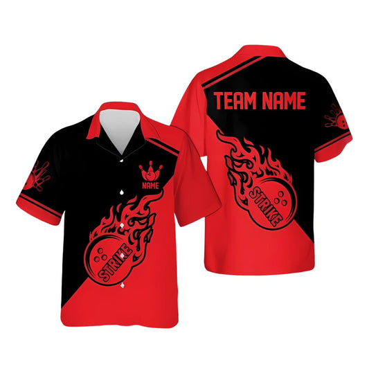 Custom Flame Ball Red And Black Hawaiian Bowling Team Shirts For Men, Custom Flame Bowling Team Shirts BE0086