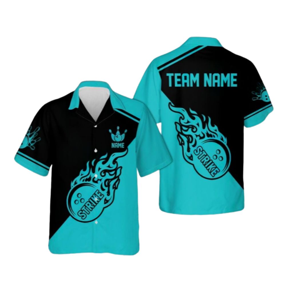Custom Flame Ball Red And Black Hawaiian Bowling Team Shirts For Men, Custom Flame Bowling Team Shirts BE0086