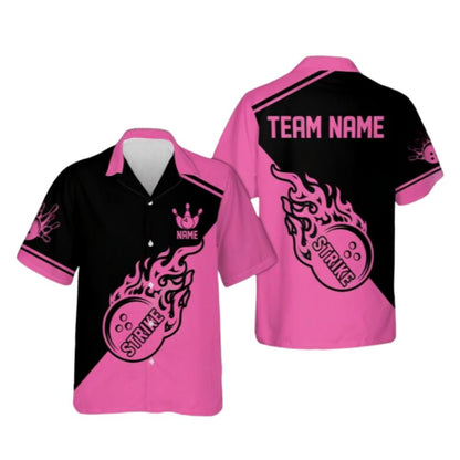 Custom Flame Ball Red And Black Hawaiian Bowling Team Shirts For Men, Custom Flame Bowling Team Shirts BE0086