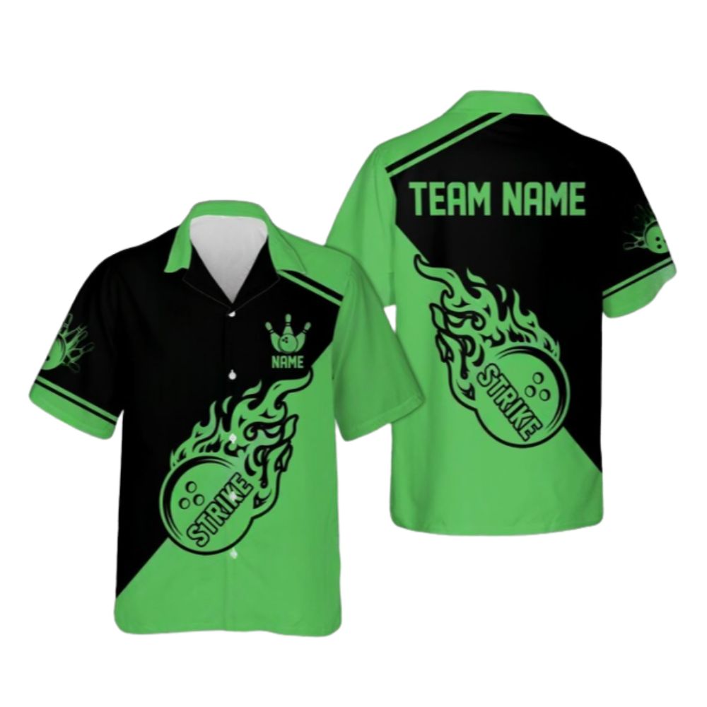 Custom Flame Ball Red And Black Hawaiian Bowling Team Shirts For Men, Custom Flame Bowling Team Shirts BE0086