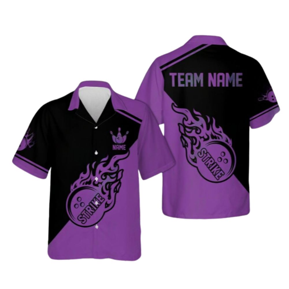 Custom Flame Ball Red And Black Hawaiian Bowling Team Shirts For Men, Custom Flame Bowling Team Shirts BE0086