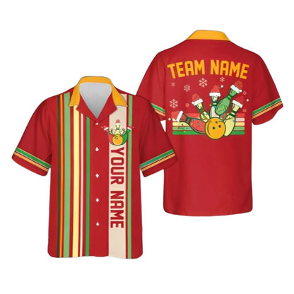 Custom Mens Christmas Retro Bowling Hawaiian Shirts, Custom Christmas Bowling Team Shirts BE0087