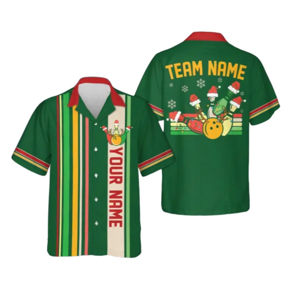 Custom Mens Christmas Retro Bowling Hawaiian Shirts, Custom Christmas Bowling Team Shirts BE0087