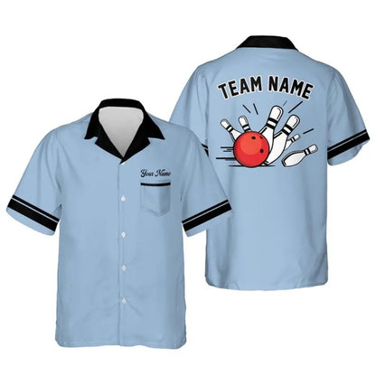 Custom Light Blue Hawaiian Bowling Team Shirts For Men And Women, Custom Bowling Team Shirts BE0089