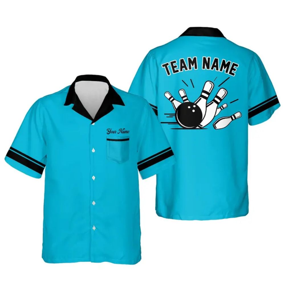 Custom Light Blue Hawaiian Bowling Team Shirts For Men And Women, Custom Bowling Team Shirts BE0089