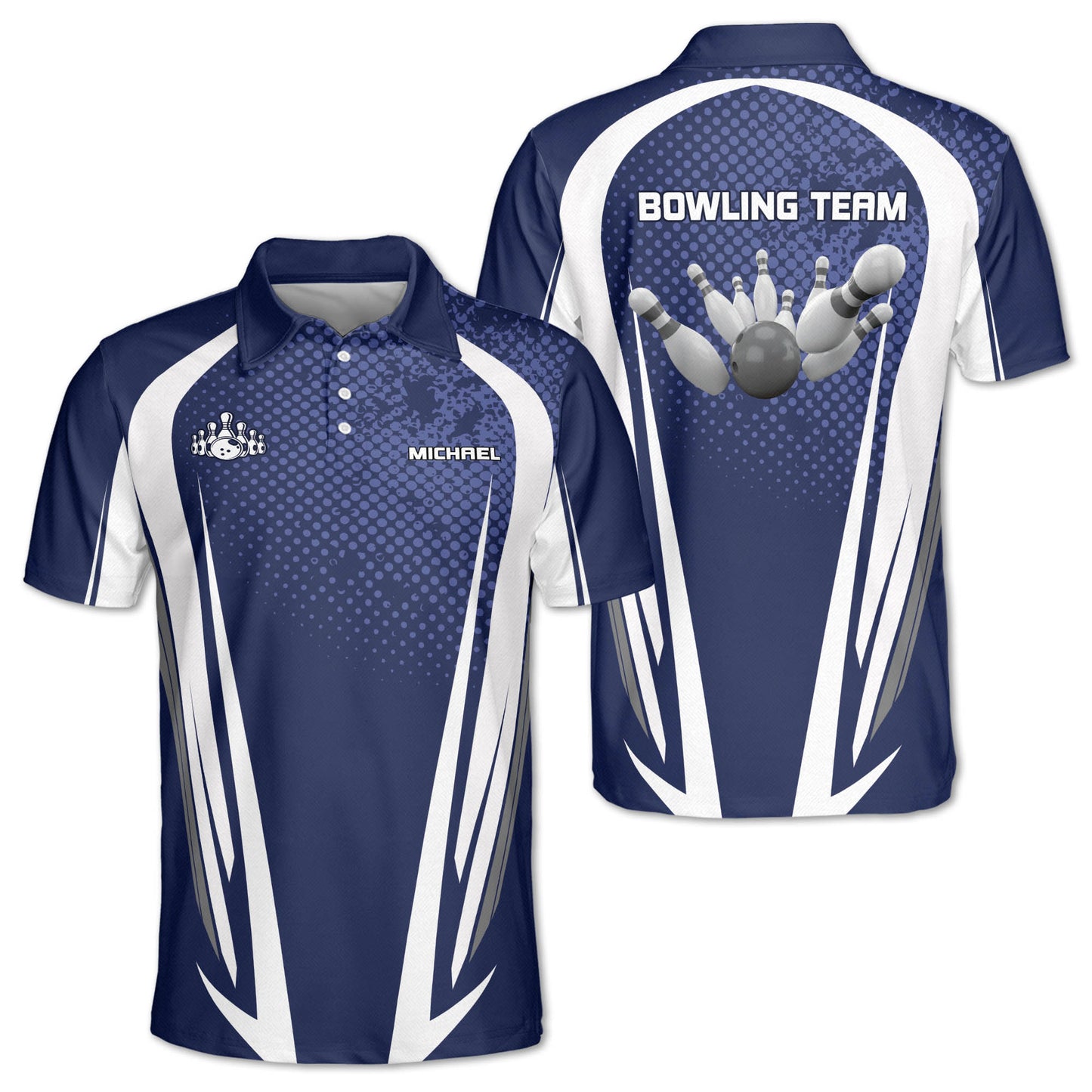 Custom Team Blue And White Bowling Polo Shirts For Men, Custom Bowling Team Shirts BE0093