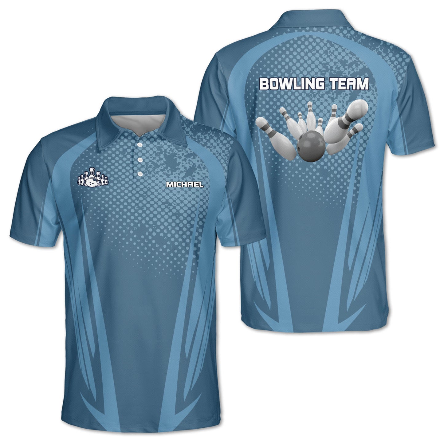 Custom Team Blue And White Bowling Polo Shirts For Men, Custom Bowling Team Shirts BE0093