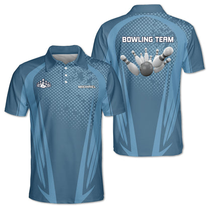 Custom Team Blue And White Bowling Polo Shirts For Men, Custom Bowling Team Shirts BE0093
