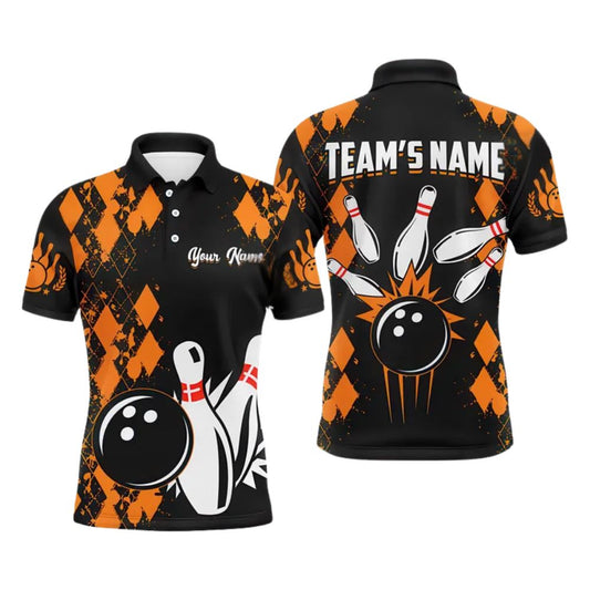 Custom Orange And Black Argyle Bowling Polo Shirt For Men, Custom Argyle Bowling Team Shirts BE0095