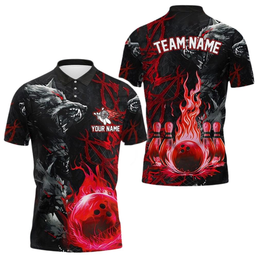Custom Wolf Flame Bowling Polo Shirt For Men, Custom Wolf Bowling Team Shirts BE0105