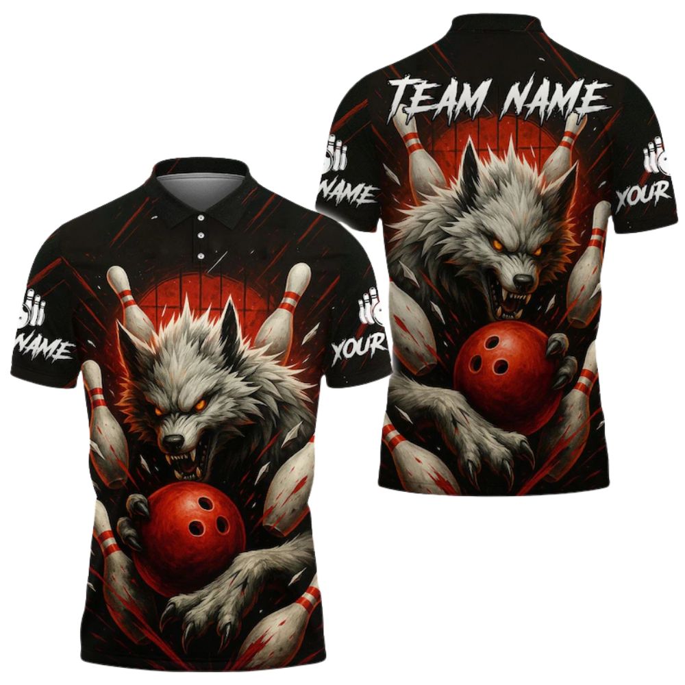 Custom Black Red Wolf Bowling Polo Shirt Mens, Custom Wolf Bowling Team Shirts BE0109