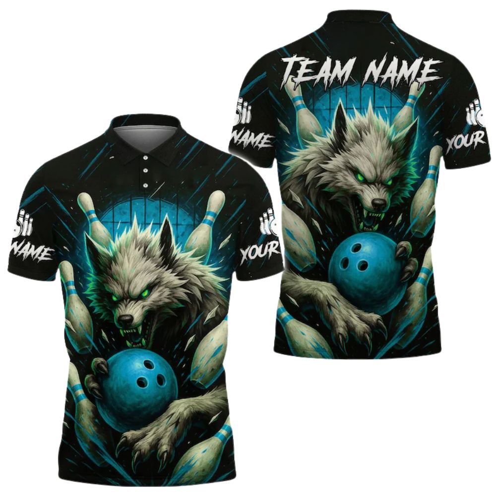 Custom Black Red Wolf Bowling Polo Shirt Mens, Custom Wolf Bowling Team Shirts BE0109