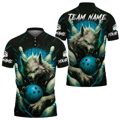 Custom Black Red Wolf Bowling Polo Shirt Mens, Custom Wolf Bowling Team Shirts BE0109