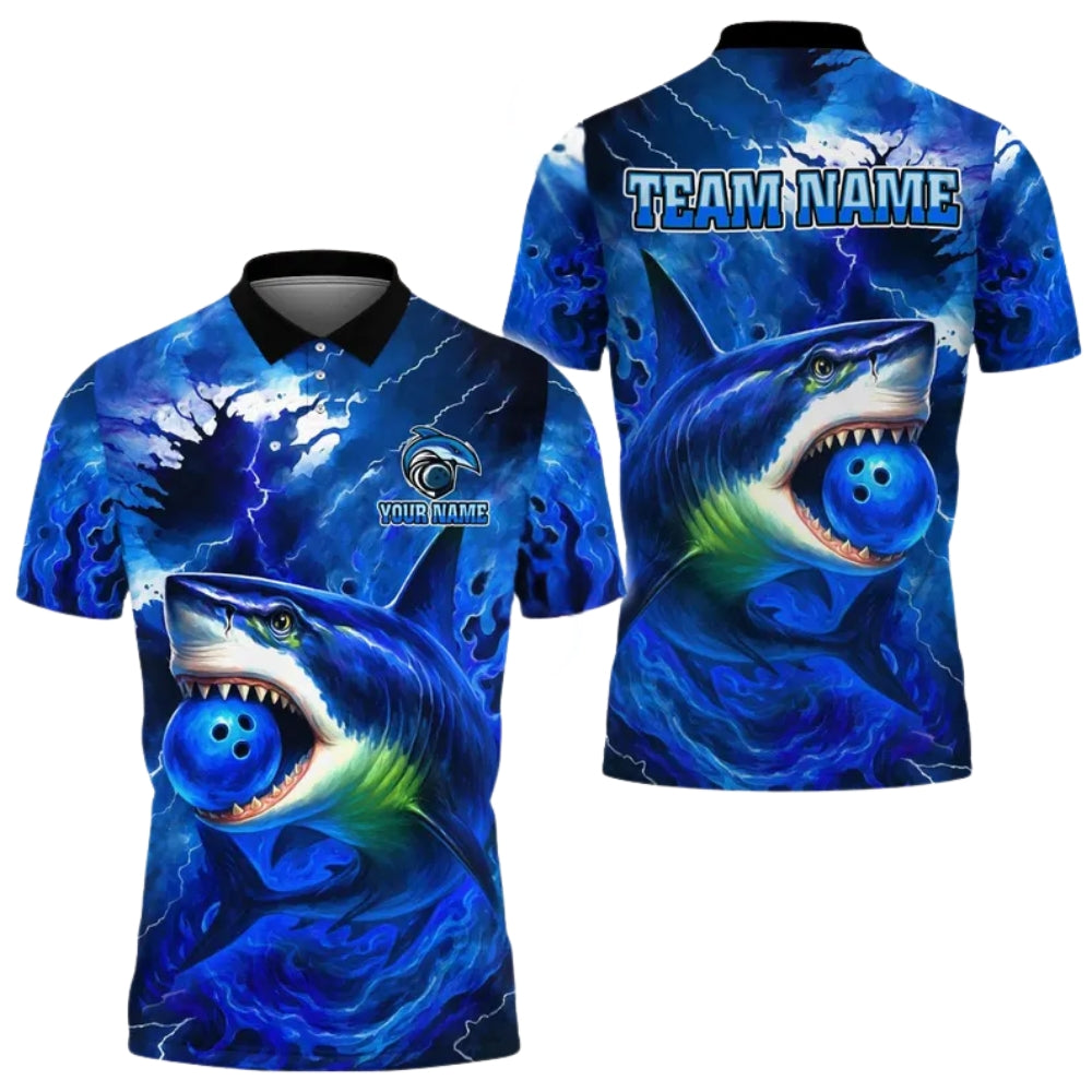 Custom Blue Shark Bowling Polo Shirt Mens, Custom Shark Bowling Team Shirts BE0111