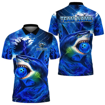 Custom Blue Shark Bowling Polo Shirt Mens, Custom Shark Bowling Team Shirts BE0111