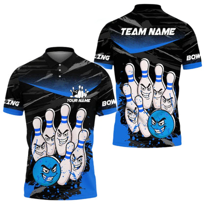 Angry Ball vs Screaming Pins Custom Blue Bowling Polo Shirt Mens, Custom Funny Bowling Team Shirts BE0114