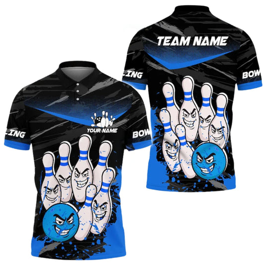 Angry Ball vs Screaming Pins Custom Blue Bowling Polo Shirt Mens, Custom Funny Bowling Team Shirts BE0114